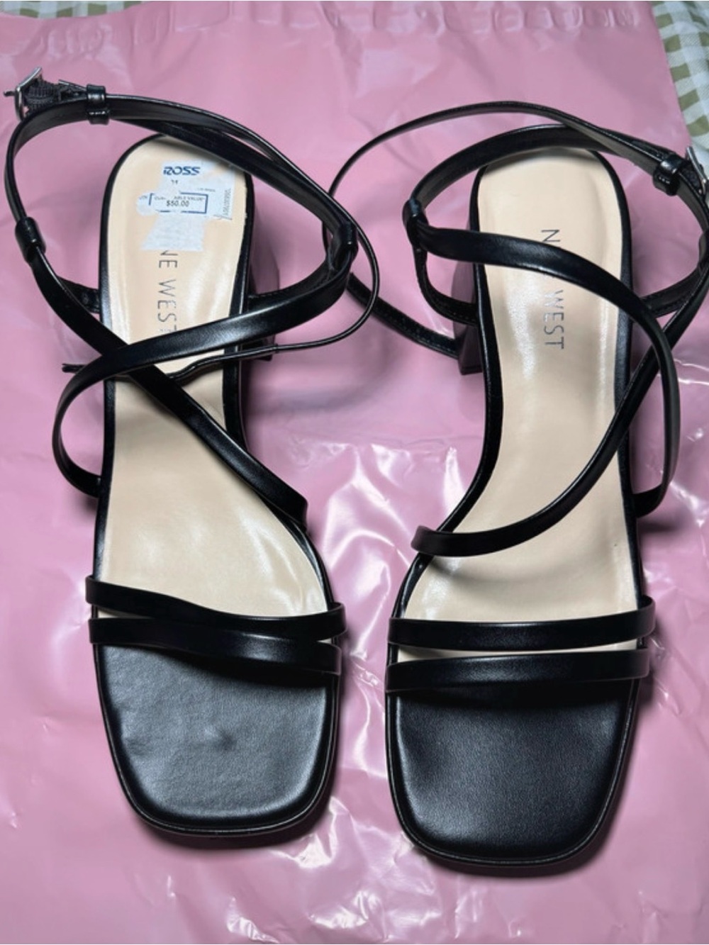 Nine West Black Strappy Square Toe Block Heel Sandals